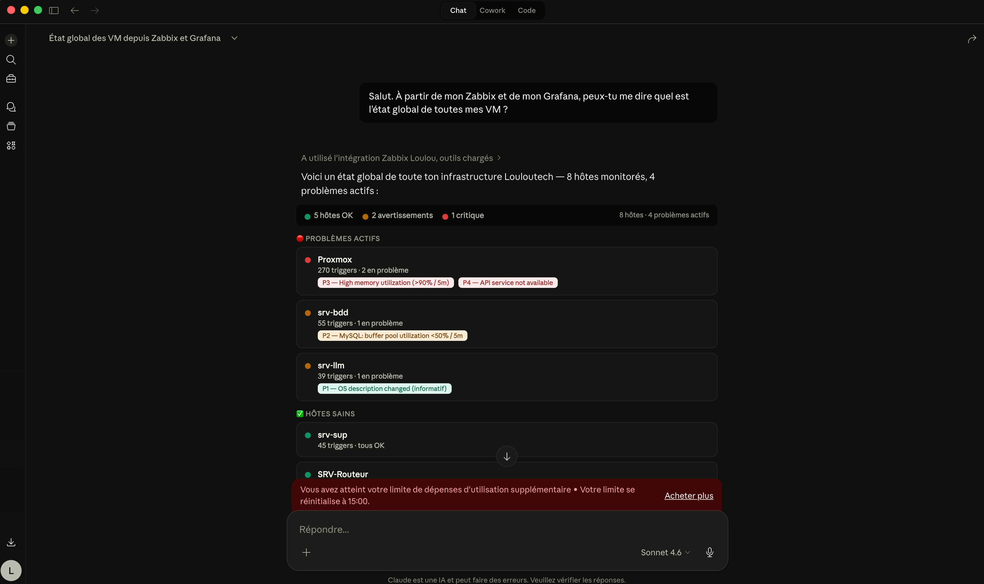 Capture d’écran d’un échange avec Claude dans le cadre du serveur MCP